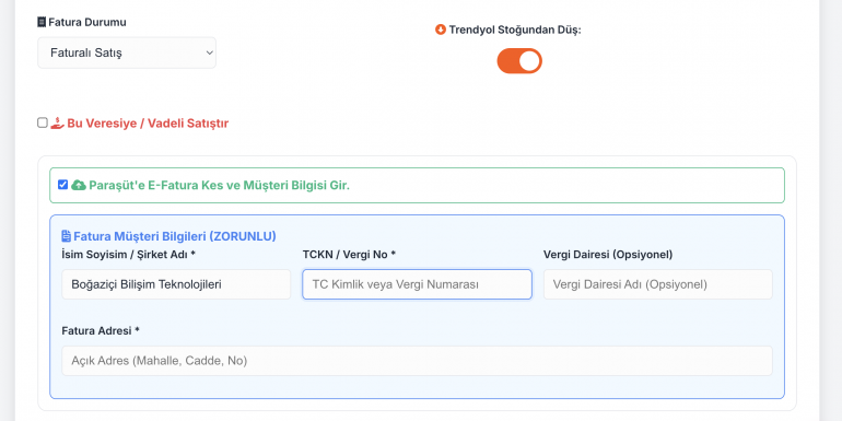 Fatura Paraşüt Entegrasyonu